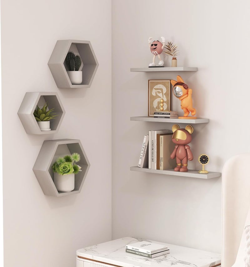 EXPRESSOW ENTERPRISES Wooden Floating Wall Shelves Wall Mounted - Set of 6 Hexagon Shelves Display for Photos, Plants, Honeycomb Shelves for Living Room, Bedroom, Bathroom, Kitchen, Office (Grey) - Image 4