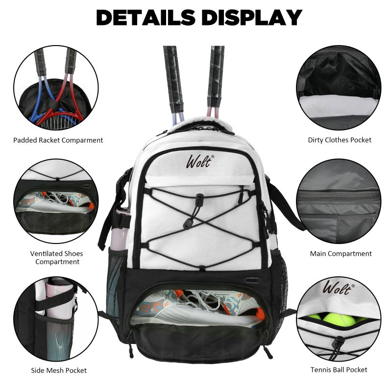 WOLT Tennis Bag - Large Tennis Racket Backpack for Men & Women - Ventilated Shoe Compartment - Holds 2 Rackets - Image 4