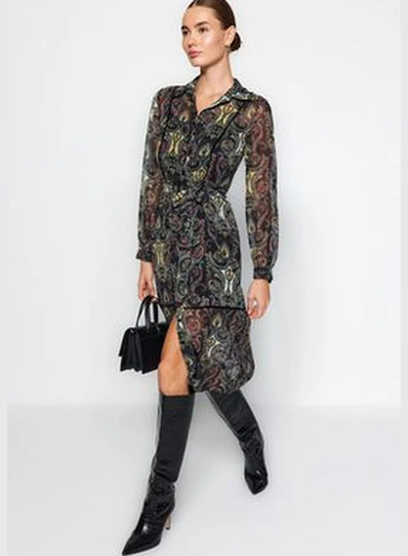 trendyol Multicolored Chiffon Woven Shirt Dress with Pile Detail Lined TWOAW24EL00364