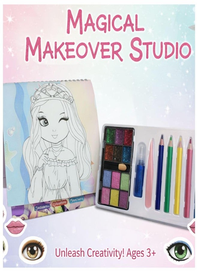 Makeup Painting Set for Girls Ages 3-8 | Kids Fashion Design & Toddler Makeup Drawing Kit | 10 Practice Sheets, 12-Color Glitter Palette, Pencils & Tools | Creative DIY Art Craft Gift for Girls - Image 4