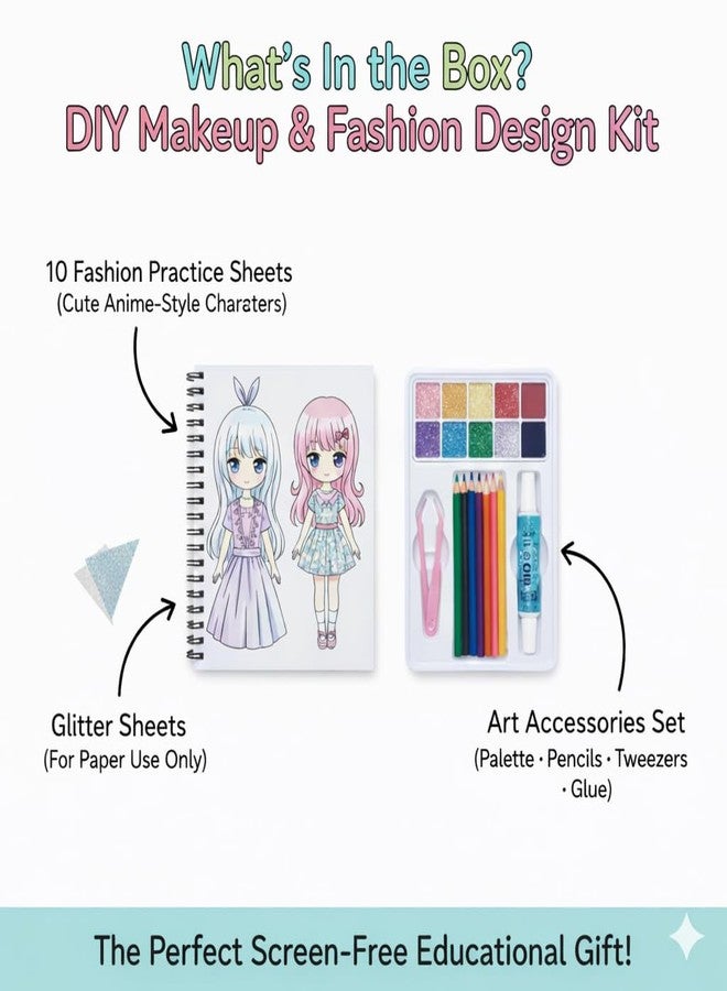 Makeup Painting Set for Girls Ages 3-8 | Kids Fashion Design & Toddler Makeup Drawing Kit | 10 Practice Sheets, 12-Color Glitter Palette, Pencils & Tools | Creative DIY Art Craft Gift for Girls - Image 3