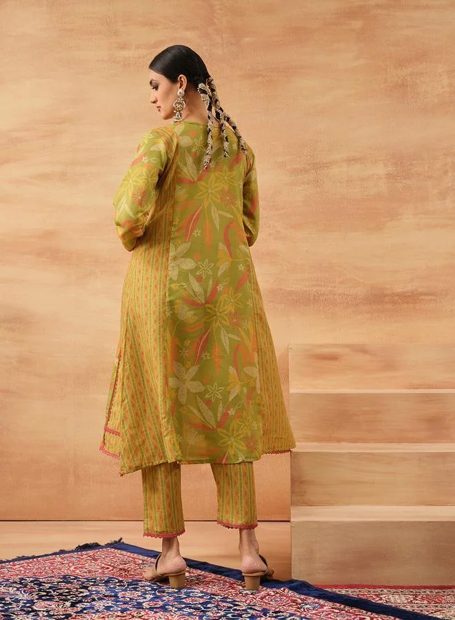 ISHIN Women's Green Cotton Cambric Printed Tunic Top With Ankle Palazzo Flared 2 Peice Kurta Set