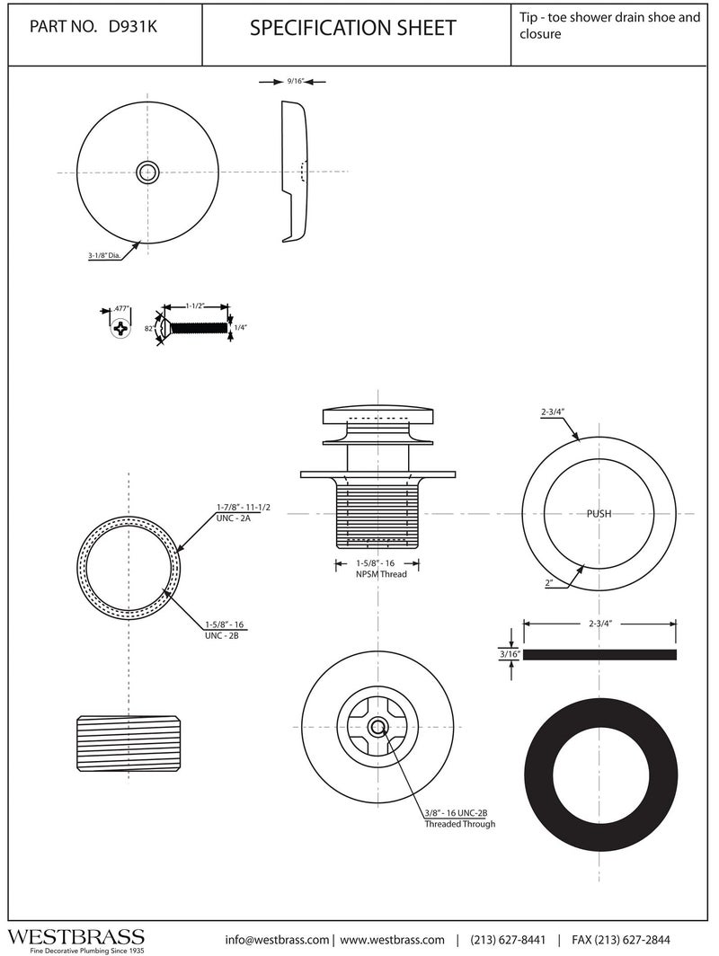 Westbrass D931K-12 Universal 1-3/8" Fine Thread Tip-Toe Bathtub Drain Plug Trim Set with One-Hole Overflow Faceplate and 1-1/2" Adapter Bushing, Oil Rubbed Bronze - Image 2