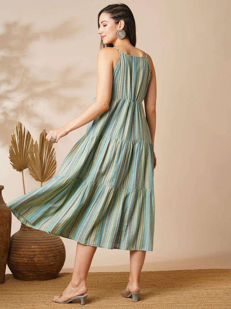 جلو باص Women V-Neck Strappy Shoulder Floral Embroidered Yoke Tiered A-Line Midi Fusion Dress