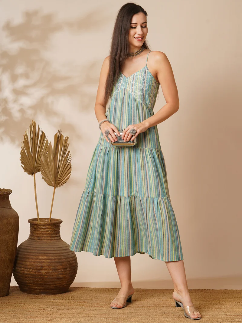 globus Women V-Neck Strappy Shoulder Floral Embroidered Yoke Tiered A-Line Midi Fusion Dress