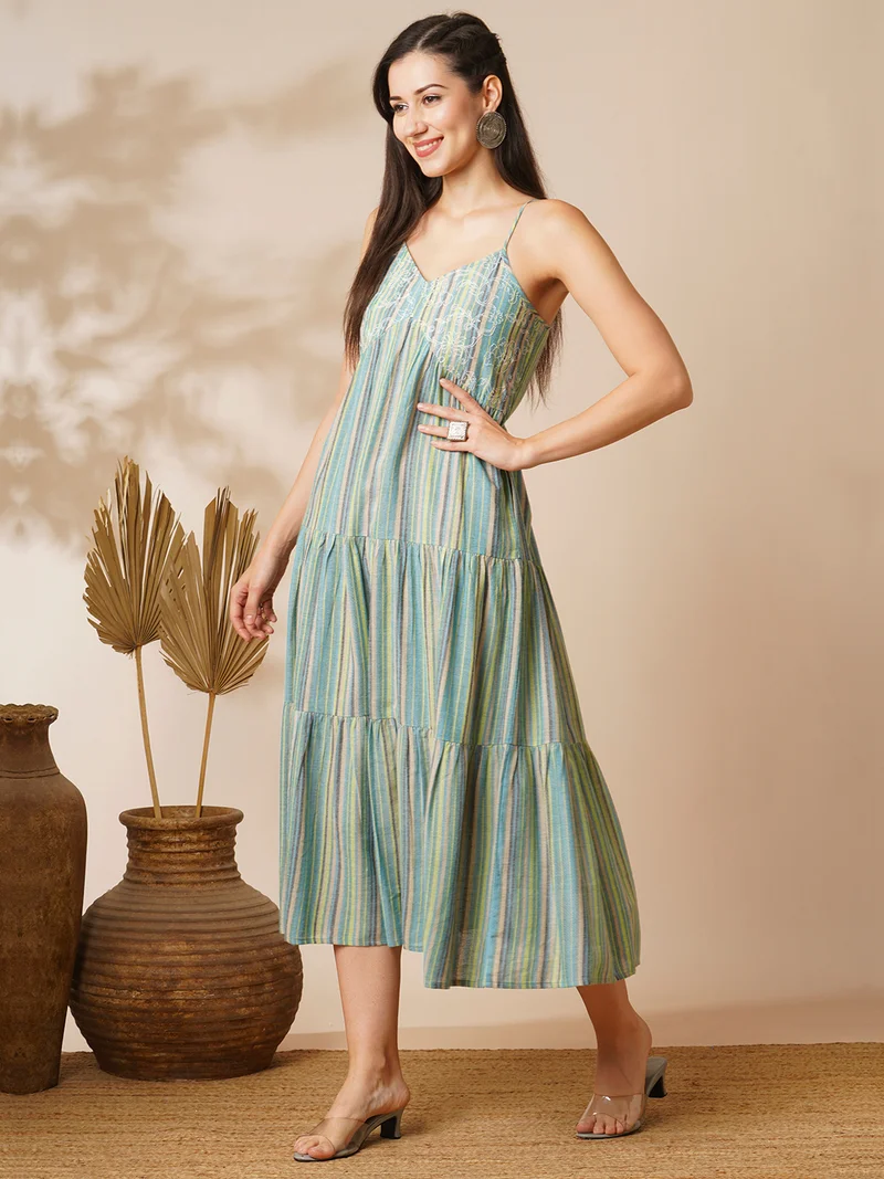 globus Women V-Neck Strappy Shoulder Floral Embroidered Yoke Tiered A-Line Midi Fusion Dress