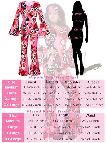 SOMSOC 7 Pack 70s Women Hippie Costume Set Boho Flared Pants Tie Dye Headband Necklacme Cosplay - Image 2
