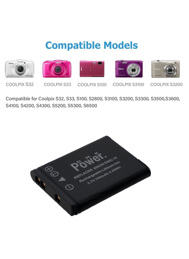 DMK Power - DMK Power 2 x EN-EL19 700mAh Camera Battery with TC600E Battery Charger Compatible with Nikon Coolpix S2500/ S3100/ S4100/ 3200 Etc Cameras - Image 1