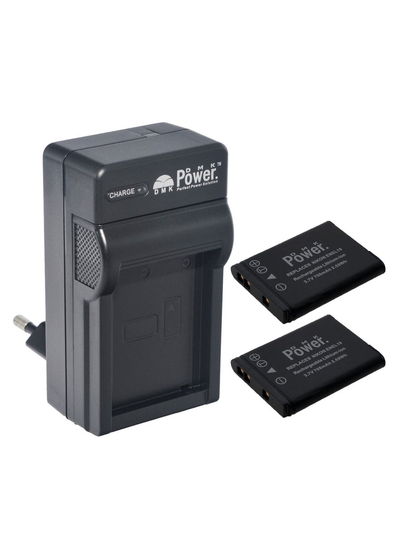 DMK Power - DMK Power 2 x EN-EL19 700mAh Camera Battery with TC600E Battery Charger Compatible with Nikon Coolpix S2500/ S3100/ S4100/ 3200 Etc Cameras - Image 1