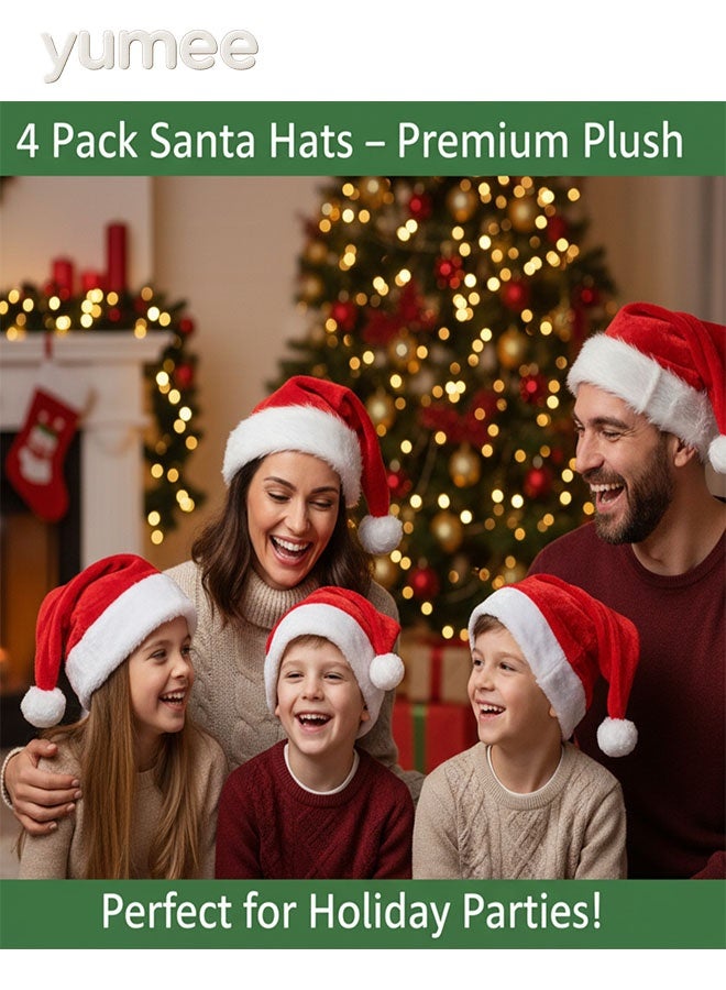 yumee Santa Hat Pack of 4, Unisex Red Thickened Velvet Santa Hat, Christmas Hat, New Year, Festive Costume, Party for Adults, Children - Image 2