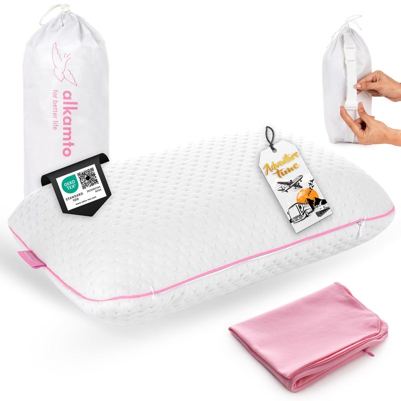 alkamto Travel & Camping Comfortable Memory Foam Pillow â€“ Easy to Carry Portable Bag â€“ Temperature Regulating Pillow Case (Pink + Extra Cover) - Image 1