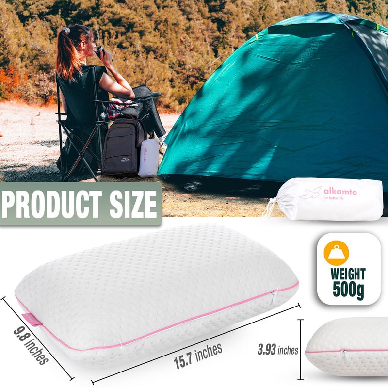 alkamto Travel & Camping Comfortable Memory Foam Pillow â€“ Easy to Carry Portable Bag â€“ Temperature Regulating Pillow Case (Pink + Extra Cover) - Image 2