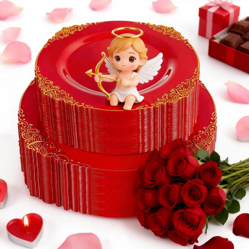 Joyido 102PCS Red and Gold Plastic Plates Red Plates Disposable Vintage Plastic Plate with Gold Rim Include 51PCS Dessert 51PCS Dinner Plate Perfect for Weddings Party Valentines Day