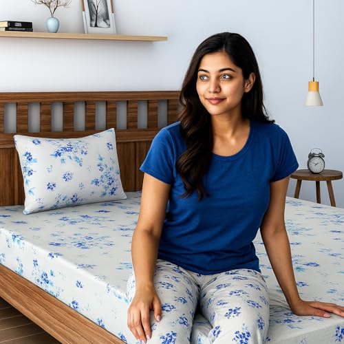 Swayam Pure Cotton Single Bedsheet with 1 Pillow Covers | Size 60 x 90 inch | 160 TC | Floral Design | Soft Breathable Bed Sheet | Comfortable & Durable for Bedroom - Cream & Blue - Image 1