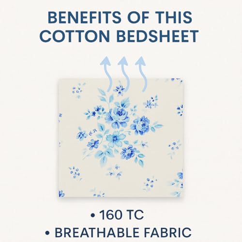 Swayam Pure Cotton Single Bedsheet with 1 Pillow Covers | Size 60 x 90 inch | 160 TC | Floral Design | Soft Breathable Bed Sheet | Comfortable & Durable for Bedroom - Cream & Blue - Image 2