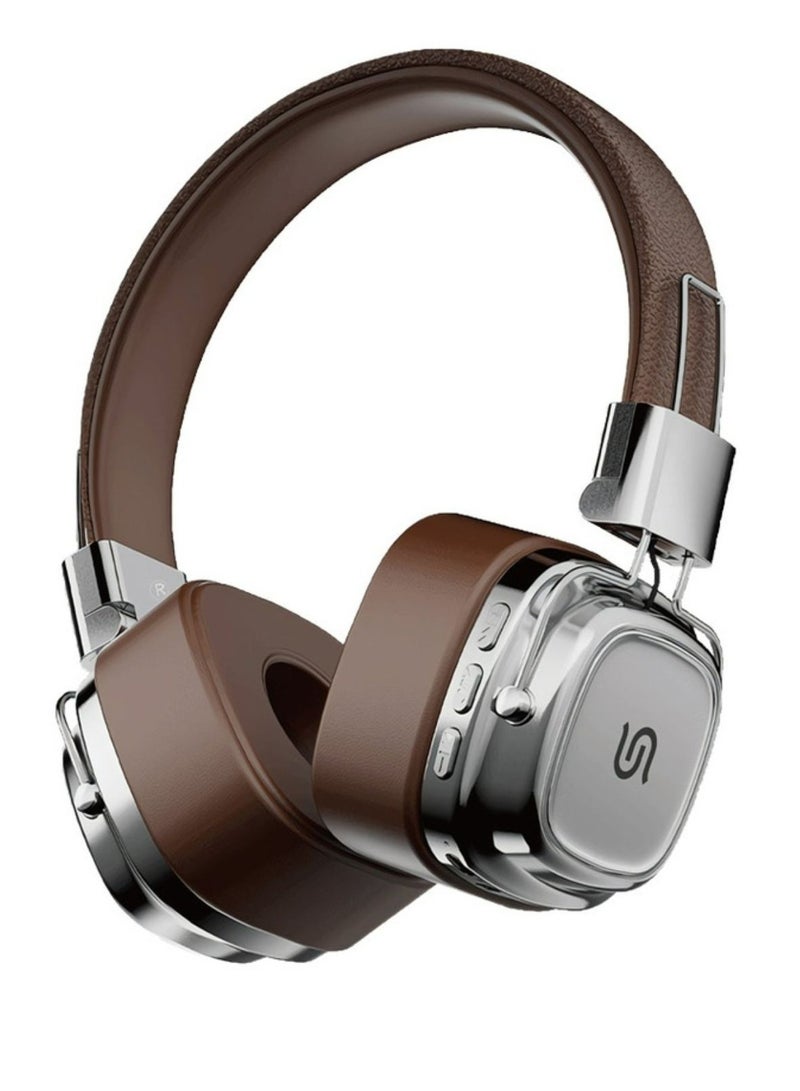 porodo Soundtec Vintage Wireless ENC Headphone 350mAh, BT V5.3 EDR, 13H Playtime, 200H Standby Time, Micro SD Slot, Skin-Friendly & Lightweight, for Gym, Running, Work - Brown/Silver  - Image 1