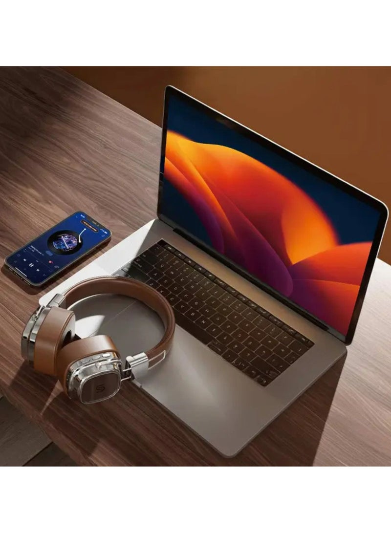porodo Soundtec Vintage Wireless ENC Headphone 350mAh, BT V5.3 EDR, 13H Playtime, 200H Standby Time, Micro SD Slot, Skin-Friendly & Lightweight, for Gym, Running, Work - Brown/Silver  - Image 2