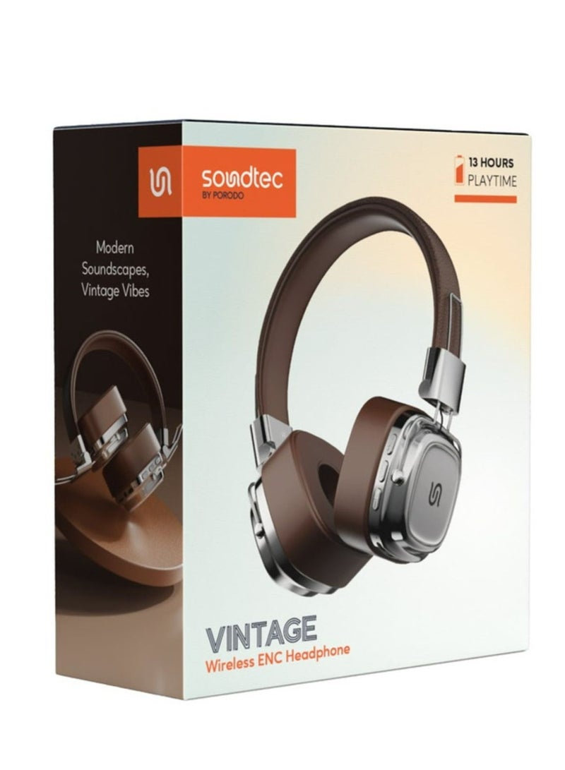 porodo Soundtec Vintage Wireless ENC Headphone 350mAh, BT V5.3 EDR, 13H Playtime, 200H Standby Time, Micro SD Slot, Skin-Friendly & Lightweight, for Gym, Running, Work - Brown/Silver  - Image 3