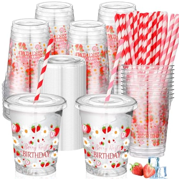 Jingmore 50 Pcs Party Disposable Plastic Cups 12 oz with Lids Straws Themed Party Supplies Plastic Tumbler for Birthday Table Decorations Favors(Strawberry 1st,Pink and Red)