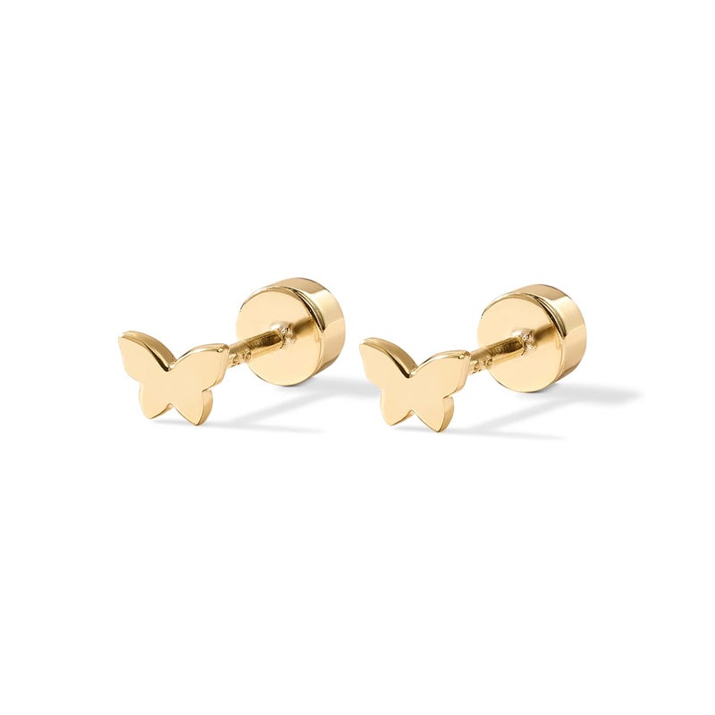 PAVOI 14K Gold Plated 925 Sterling Silver Post Pair of Flat Back Stud Earrings for Women | Butterfly Cartilage Helix Piercing - Image 3