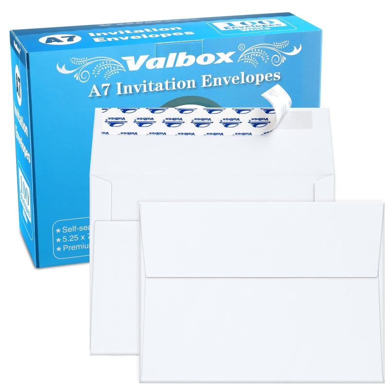ValBox 5x7 Envelopes for Invitation 100 Qty A7 Envelopes Self Seal White, Printable Paper Envelope for 5x7 Cards, Weddings, Baby Shower, Stationery, Office, 5.25 x 7.25 Inches - Image 1