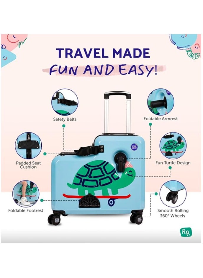 رولي رايدر حقيبة سفر للأطفال من Rolly Rider على شكل سكوتر، شنطة ترولي بعجلات دوارة 360 درجة، خفيفة الوزن مصنوعة من مادة ABS، مناسبة للأطفال، تصميم سلحفاة شيلي (Shellie Turtle Design).  - Image 2