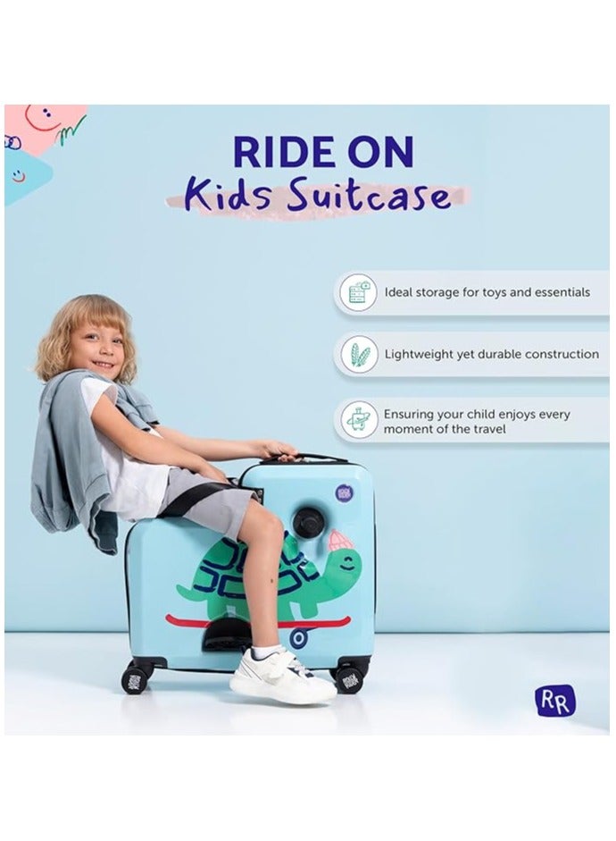 رولي رايدر حقيبة سفر للأطفال من Rolly Rider على شكل سكوتر، شنطة ترولي بعجلات دوارة 360 درجة، خفيفة الوزن مصنوعة من مادة ABS، مناسبة للأطفال، تصميم سلحفاة شيلي (Shellie Turtle Design).  - Image 3