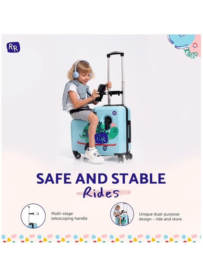رولي رايدر حقيبة سفر للأطفال من Rolly Rider على شكل سكوتر، شنطة ترولي بعجلات دوارة 360 درجة، خفيفة الوزن مصنوعة من مادة ABS، مناسبة للأطفال، تصميم سلحفاة شيلي (Shellie Turtle Design).  - Image 4