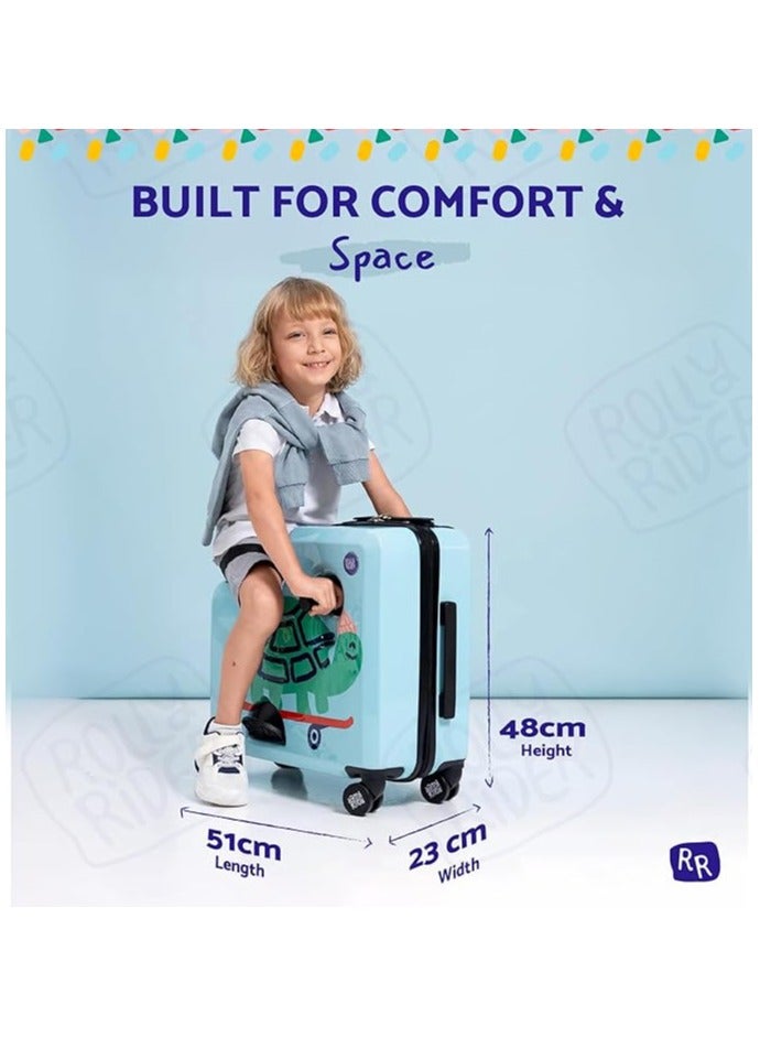 رولي رايدر حقيبة سفر للأطفال من Rolly Rider على شكل سكوتر، شنطة ترولي بعجلات دوارة 360 درجة، خفيفة الوزن مصنوعة من مادة ABS، مناسبة للأطفال، تصميم سلحفاة شيلي (Shellie Turtle Design).  - Image 5