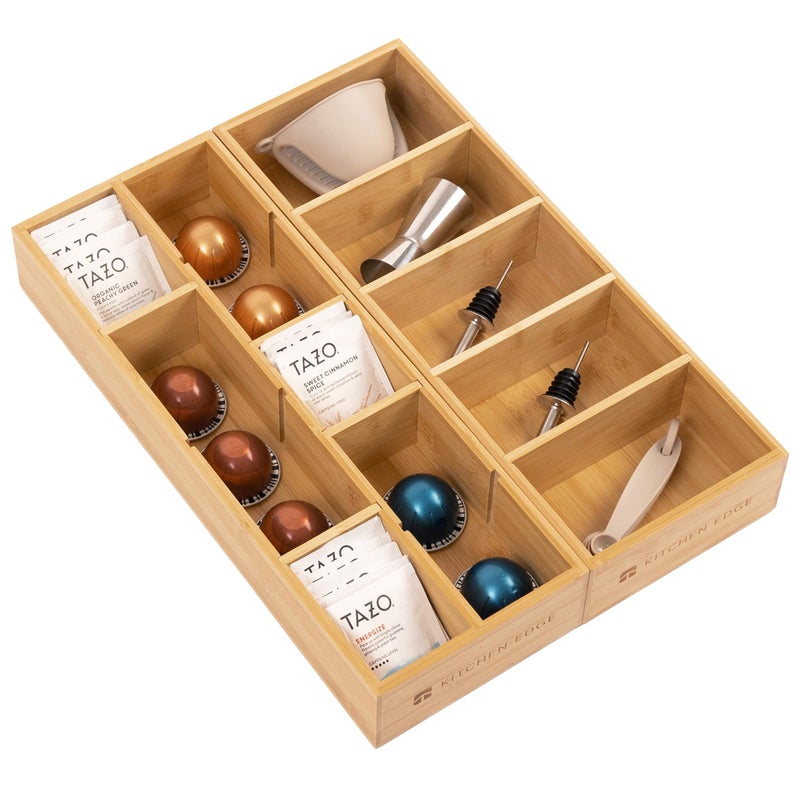 KitchenEdge Premium Utensils and Tea Bag Drawer Organizers â€“ 14-Compartment Design with Removable Dividers, Non-Slip Feet, 100% Sustainable Bamboo, 2 Pack - Image 1
