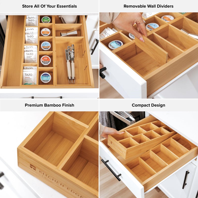 KitchenEdge Premium Utensils and Tea Bag Drawer Organizers â€“ 14-Compartment Design with Removable Dividers, Non-Slip Feet, 100% Sustainable Bamboo, 2 Pack - Image 3
