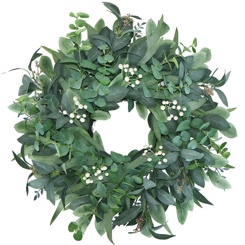 BINFEN 24"-26" Green Eucalyptus Wreath for Front Door with White Berries - Lifelike Spring, Summer, Fall, and Winter Farmhouse Home Decor for Porch, Window, Wall, and Fireplace - Image 1