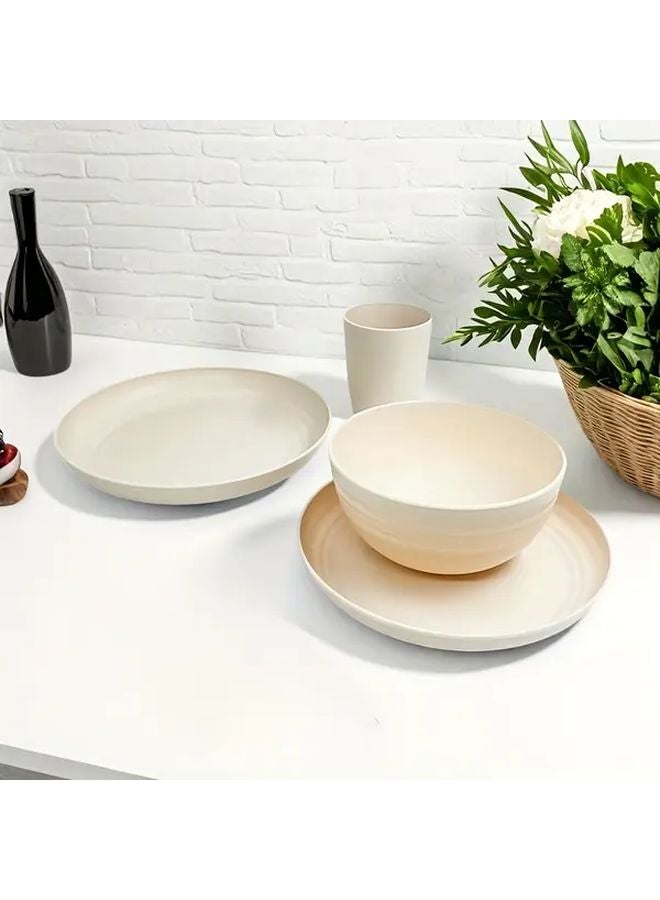 Beige 4 Piece Plastic Cutlery Set Bowl Plate Cup Microwave Dishwasher Safe - Image 3