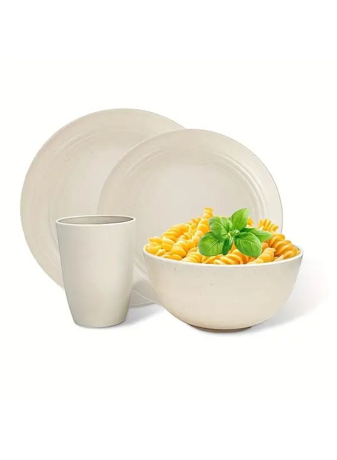 Beige 4 Piece Plastic Cutlery Set Bowl Plate Cup Microwave Dishwasher Safe - Image 1