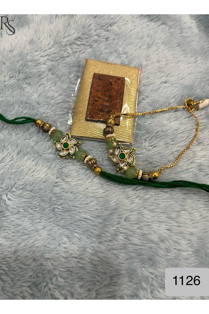 Green color kundan bhai rakhi with matching bhabhi bracelet /rakshabandhan pair rakhi