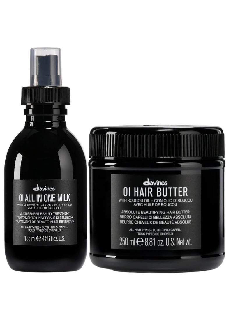 دافينز بخاخ الشعر بالحليب OI All in One Milk Hair Spray، مزيل تشابك الشعر القوي، حماية من الحرارة، ينعم الشعر المجعد، 4.56 أونصة سائلة + زبدة الشعر Davines Oi، 8.8 أونصة سائلة - Image 1