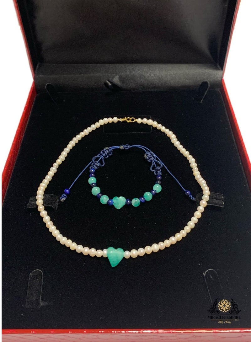 Miracle Empire Unique  exclusive teens woman necklace  girls bracelet set handmade of Natural 5-7mm Pearls, 2 heart shape 6 Emeralds  a 18k gold plated clasp. - Image 2
