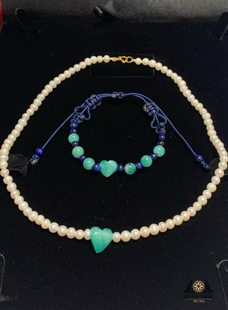 Miracle Empire Unique  exclusive teens woman necklace  girls bracelet set handmade of Natural 5-7mm Pearls, 2 heart shape 6 Emeralds  a 18k gold plated clasp. - Image 1