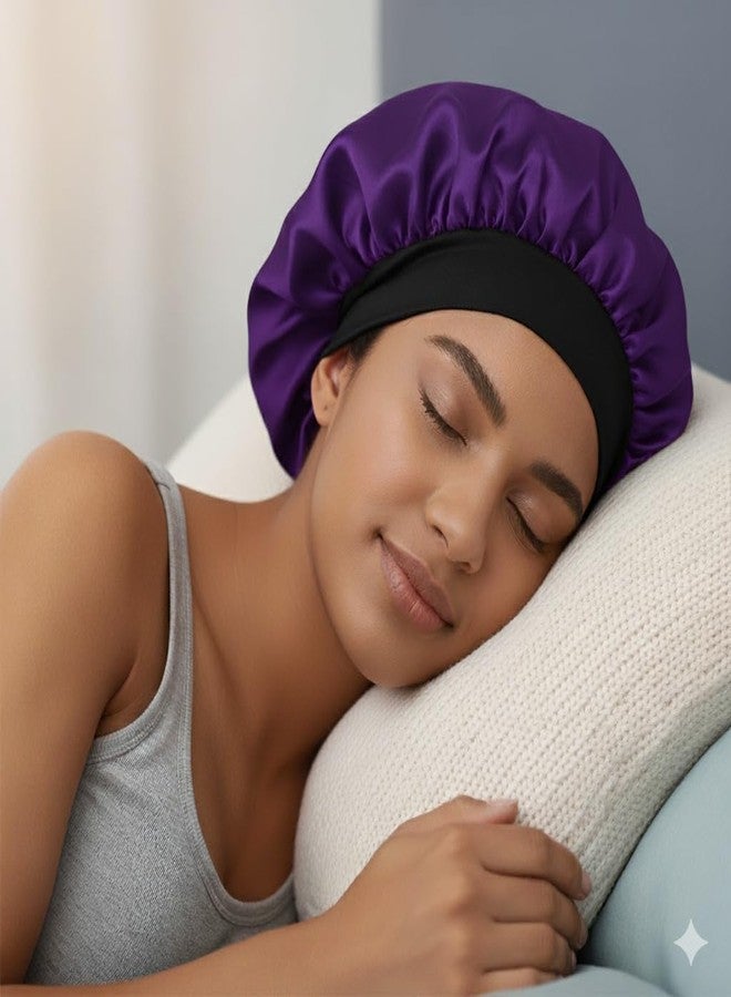 Atrube Silk Bonnet for Hair with 3 Scrunchies| Adjustable Satin Hair Cap for Sleeping | Bonnet for Curly Hair with Wide Tie Band| Multiple use| Shower Cap| (Purple band) - Image 2