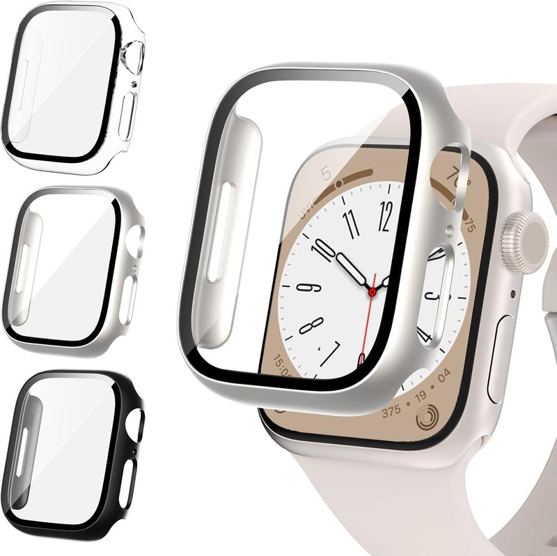 FULLIFE 3 Pack Compatible for Apple Watch Series 8/7 41mm Screen Protector Built in 9H Tempered Glass Film Overall Hard PC Protective Case for iWatch 41mm (Black/Starlight/Transparent) - Image 1