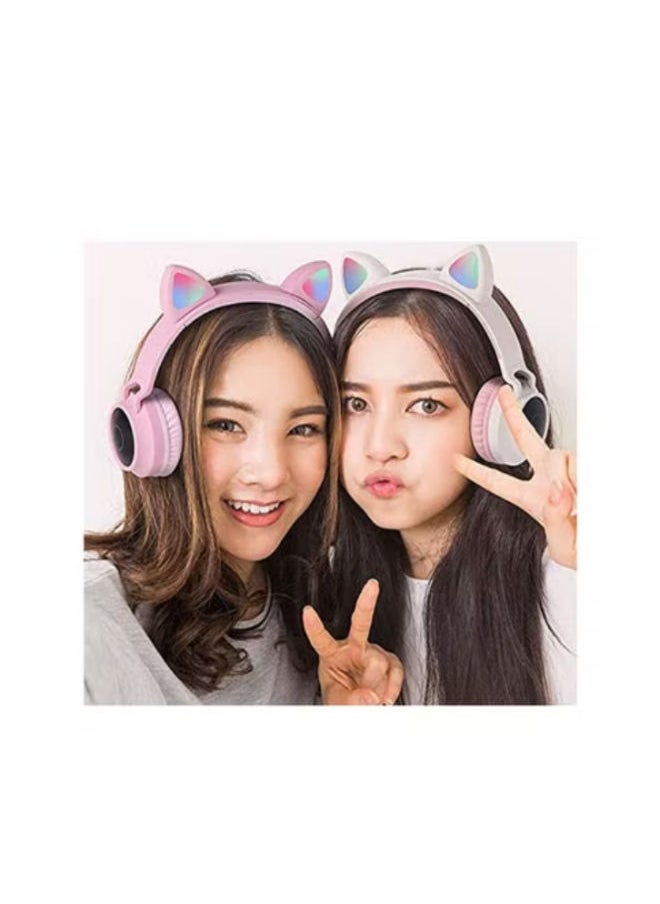 SHOPI - Over Ear Music Headset Glowing Cat Ear Headphones 7 Color Breathing Lights Foldable Wireless BT5.0 Earphone with Mic AUX IN TF Card MP3 Player for PC Laptop Computer Mobile Phone Pink - Image 1