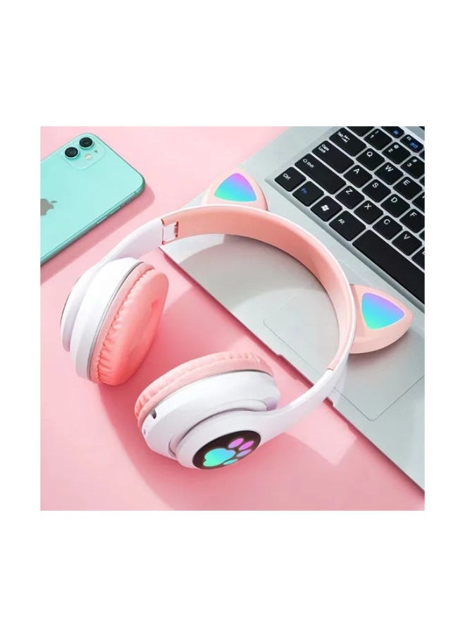 SHOPI - Over Ear Music Headset Glowing Cat Ear Headphones 7 Color Breathing Lights Foldable Wireless BT5.0 Earphone with Mic AUX IN TF Card MP3 Player for PC Laptop Computer Mobile Phone Pink - Image 1