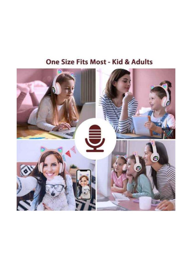 SHOPI - Over Ear Music Headset Glowing Cat Ear Headphones 7 Color Breathing Lights Foldable Wireless BT5.0 Earphone with Mic AUX IN TF Card MP3 Player for PC Laptop Computer Mobile Phone Pink - Image 1
