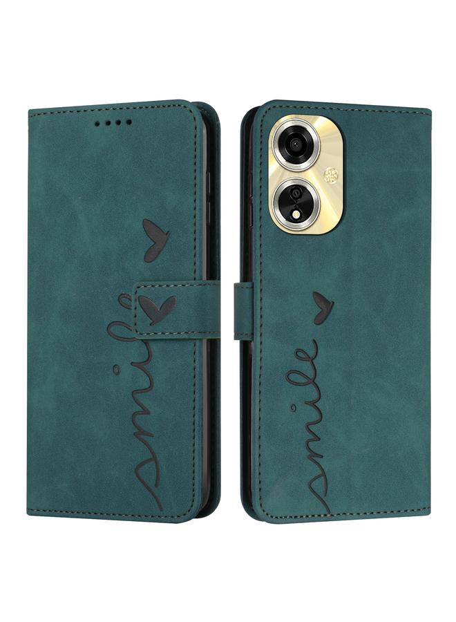 Green Tiger For OPPO A59 Skin Feel Heart Embossed Leather Phone Case with Long Lanyard(Green)