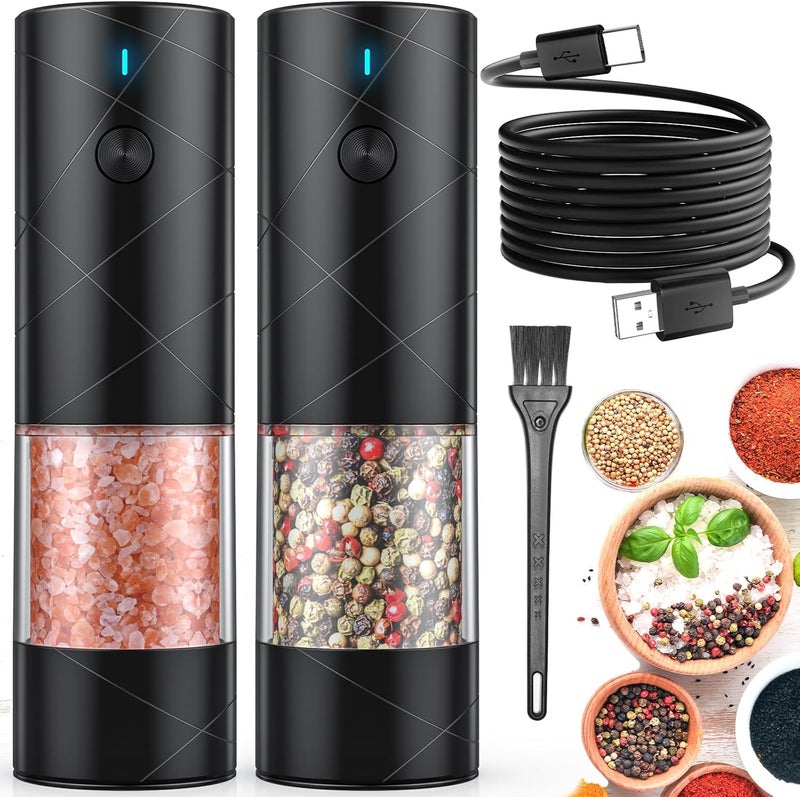 Lidaop 2Pack Electric Salt and Pepper Grinder Set USB Rechargeable with Warm LED Light, Adjustable Coarseness Large Capacity Automatic Salt Pepper Mill Shakers for Kitchen, Restaurant, Outdoor, Black - Image 1