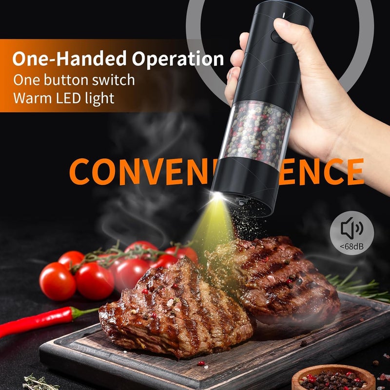 Lidaop 2Pack Electric Salt and Pepper Grinder Set USB Rechargeable with Warm LED Light, Adjustable Coarseness Large Capacity Automatic Salt Pepper Mill Shakers for Kitchen, Restaurant, Outdoor, Black - Image 2
