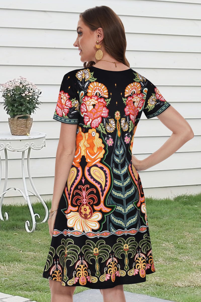 elescat Sun Dress Cotton Loose Fit Short Sleeve Sundress Women Fashion Swing Tunic Dress (Yellow Flower,M) - Image 5