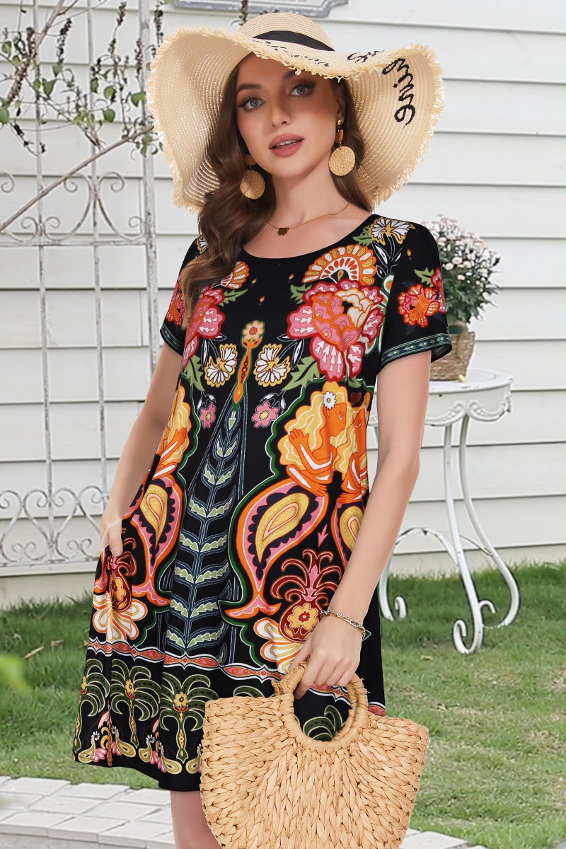 elescat Sun Dress Cotton Loose Fit Short Sleeve Sundress Women Fashion Swing Tunic Dress (Yellow Flower,M) - Image 2