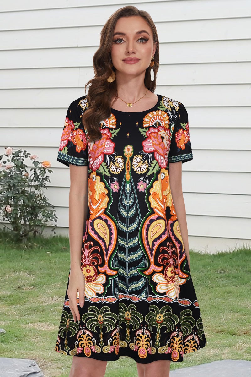 elescat Sun Dress Cotton Loose Fit Short Sleeve Sundress Women Fashion Swing Tunic Dress (Yellow Flower,M) - Image 4