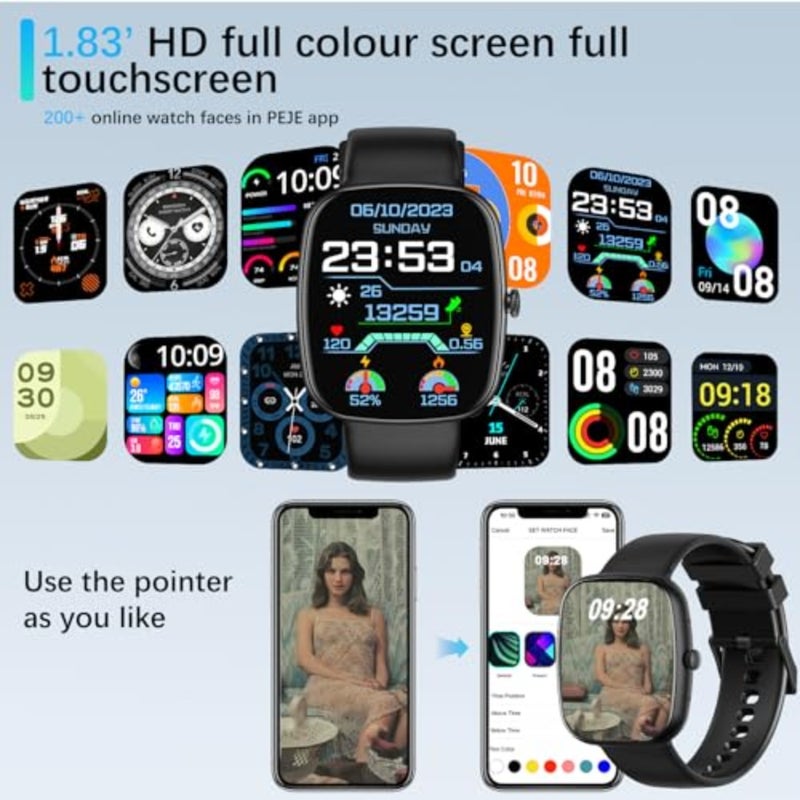 Smartwatch for daily fitness and health monitoring, silicone strap, pink, 1.83-inch display with Bluetooth calling, 15-day battery, IP68 waterproof, 123+ sports modes, SpO2/HR/sleep tracking, prayer alerts - Image 3